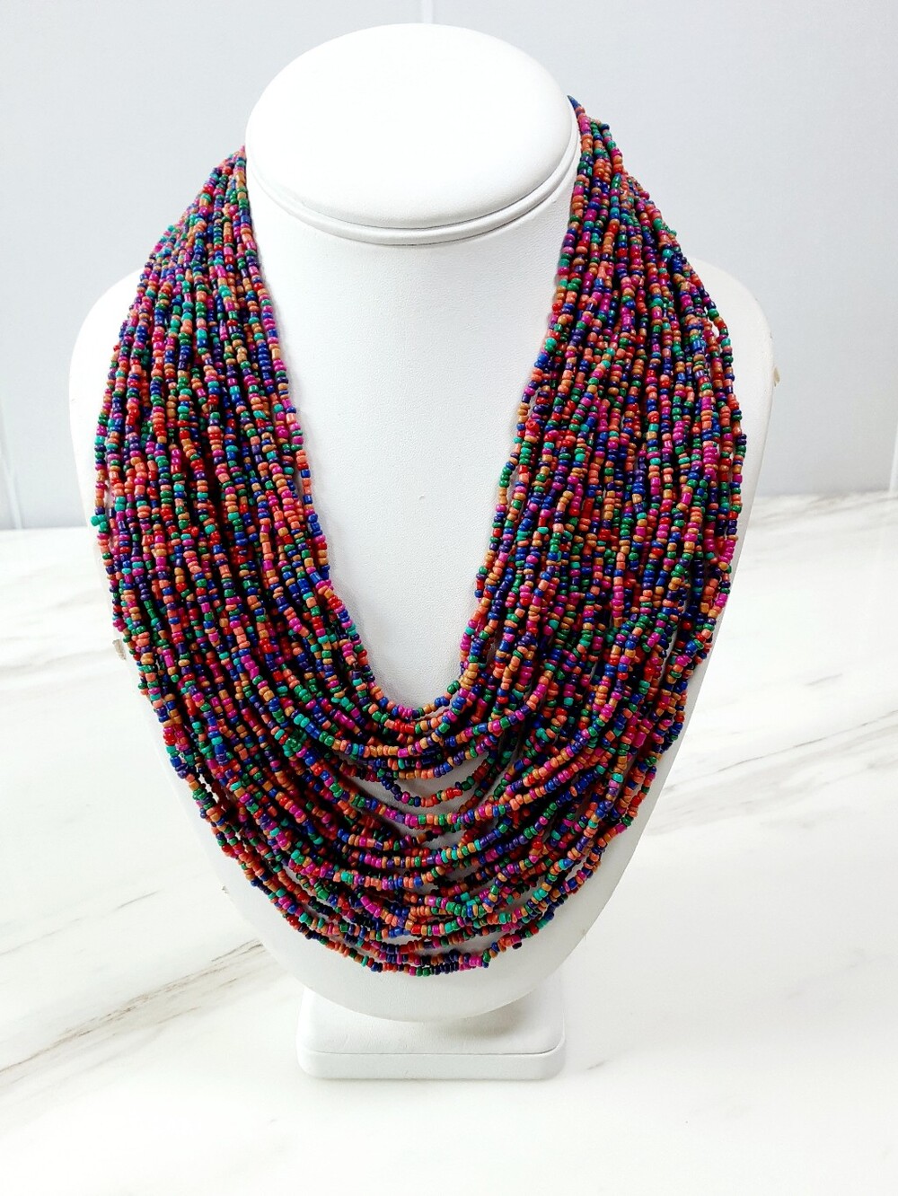 Monies Gerda Lynggaard Rainbow 32 Strand Glass Beads Wood Clasp Necklace - Vtg